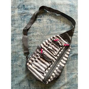 Thirty One Gray White Stripe Sling Crossbody Bag with Pink Accents